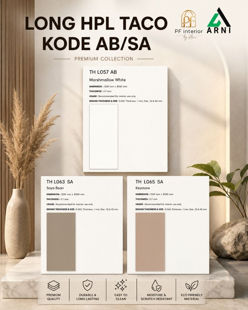Long HPL Taco Kode AB/SA | HPL Premium 0.7mm | Finishing Furniture, Kitchen Set, Lemari & Interior (Kategori: Perabotan Rumah) berada di Jakarta Timur. Dikirim oleh pfinterior (ID iklan 1446227025, Gambar 1). Deskripsi: Hadirkan tampilan interior yang bersih, elegan, dan berkelas dengan Long HPL TACO Kode AB & SA Premium Collection. Koleksi warna solid premium ini memberikan kesan minimalis modern yang cocok untuk berbagai kebutuhan desain interi