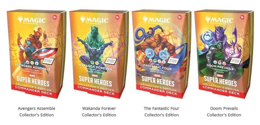 Magic gathering Marvel Super Heroes collector commander Mtg CCS (Category: Card Packs) located in Manila. Submitted by rimaxpc (Listing ID 1446255536, Image 1). Description: MARVEL SUPER HEROES COMMANDER PRECONSTUCTED DECK COLLECTOR’S EDITION ✅SET OF 4 -₱39k ✅ DOOM PREVAILS - ₱16k ✅ FANTASTIC FOUR - ₱10.5k ✅ WAKANDA FOREVER - ₱8.5k ✅ AVENGERS ASSEMBLE - ₱8.5k.