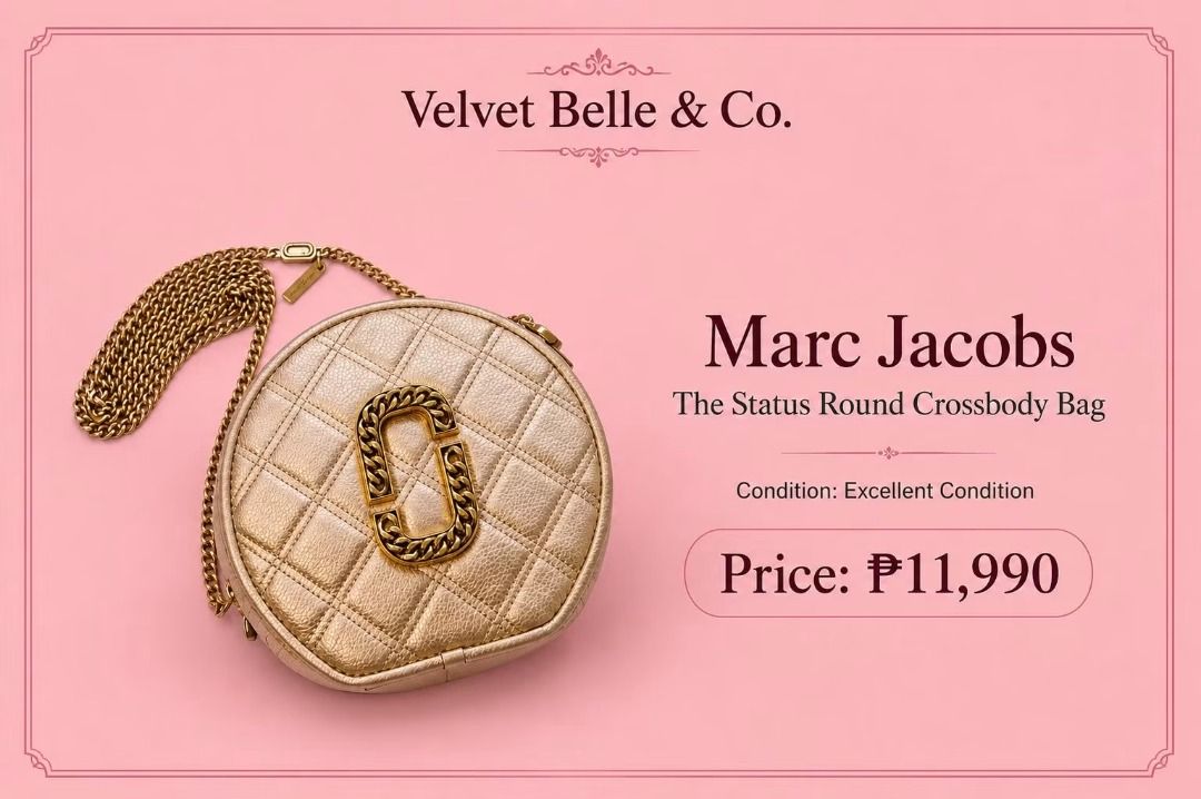 Marc Jacobs The Status Round Crossbody Bag (Category: Luxury Bags & Wallets) located in Cabuyao City. Submitted by velvetbelleph (Listing ID 1444300697, Image 1). Description: Elegant Marc Jacobs The Status Round Crossbody Bag featuring a quilted round silhouette and the signature oversized Double J logo with chain detailing. The neutral metallic beige/champagne color and antique gold-tone hardware make it easy to pair with both casual and dressy