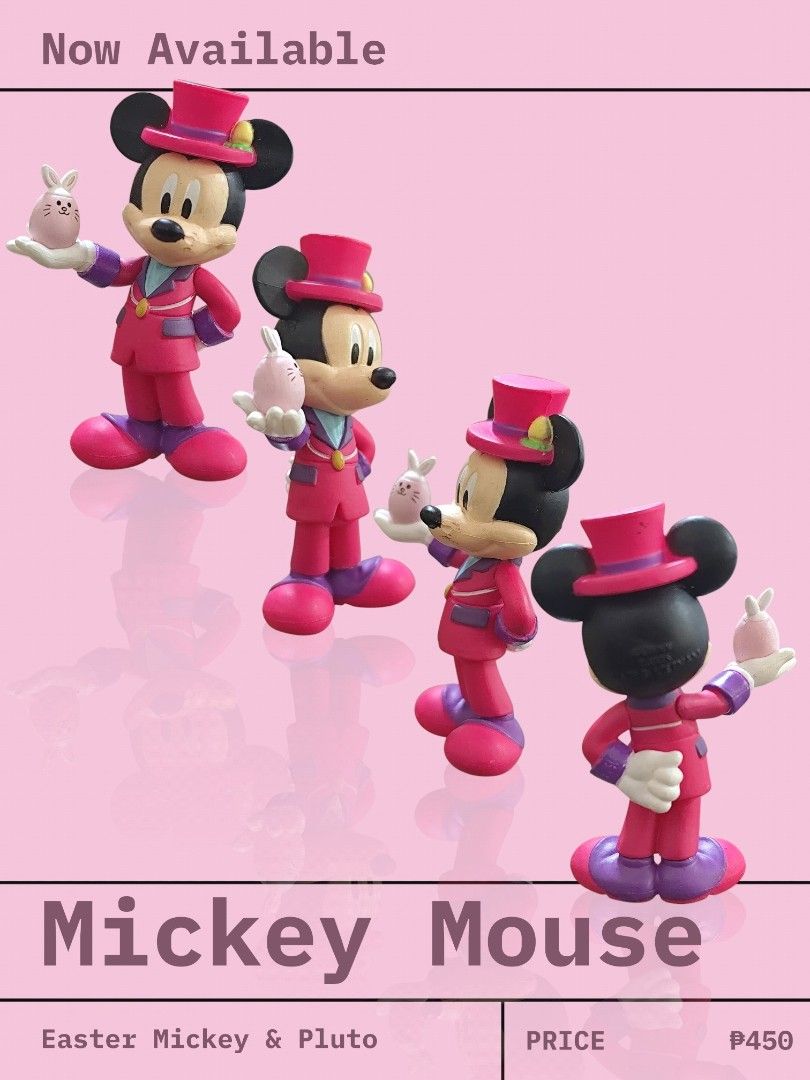 Mickey Mouse & Pluto Easter Figurine Set (Category: Figurines & Statues) located in Quezon City. Submitted by Emcee (Listing ID 1446246071, Image 2). Description: - Easter Mickey & Pluto collectible figures - Mickey is dressed in a pink suit and hat - Pluto features bunny ears and a basket filled with eggs - Ideal for Disney collectors - Great as Easter decoration - Price: P450.