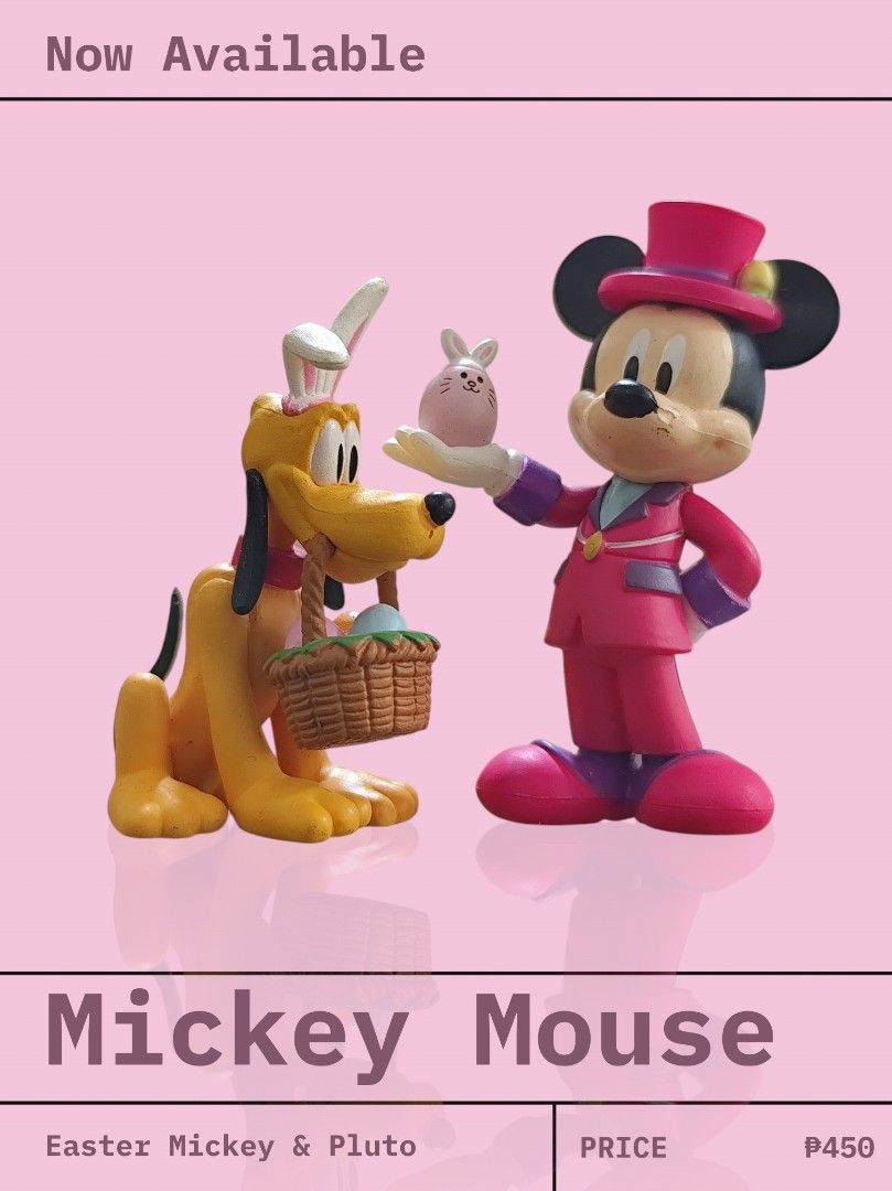Mickey Mouse & Pluto Easter Figurine Set (Category: Figurines & Statues) located in Quezon City. Submitted by Emcee (Listing ID 1446246071, Image 1). Description: - Easter Mickey & Pluto collectible figures - Mickey is dressed in a pink suit and hat - Pluto features bunny ears and a basket filled with eggs - Ideal for Disney collectors - Great as Easter decoration - Price: P450.