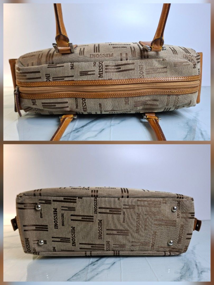 Missoni Monogram Canvas Leather Trimmed Boston Bag (Category: Luxury Bags & Wallets) located in Pasay City. Submitted by onick_79 (Listing ID 1446339136, Image 3). Description: Elegant vintage Missoni handbag featuring the iconic monogram canvas with genuine tan leather trim and rolled handles. A timeless Italian piece perfect for everyday wear. 👜 Details • Size: 32 × 11 × 12 cm • Handle Drop: 13 cm • Monogram canvas with genuine leather trim • 