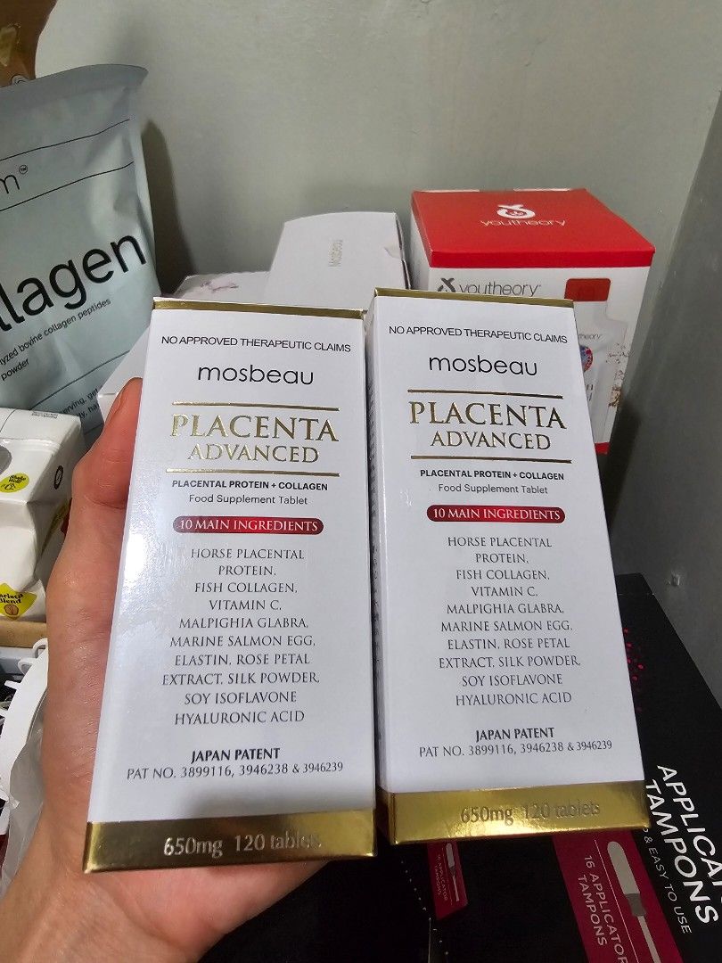 Mosbeau Placenta Advanced Food Supplement Tablets (2 Boxes) (Category: Health Food, Drinks & Tonics) located in Manila. Submitted by bhie_30 (Listing ID 1446176183, Image 1). Description: 2,000 per bottle - 2 Boxes of Mosbeau Placenta Advanced Food Supplement Tablets - Each box contains 120 tablets - Made in Japan - Key Ingredients: Placental Protein & Collagen - Expiry Dates: 06/05/28 and 19/04/28 - Feel free to ask any questions!.