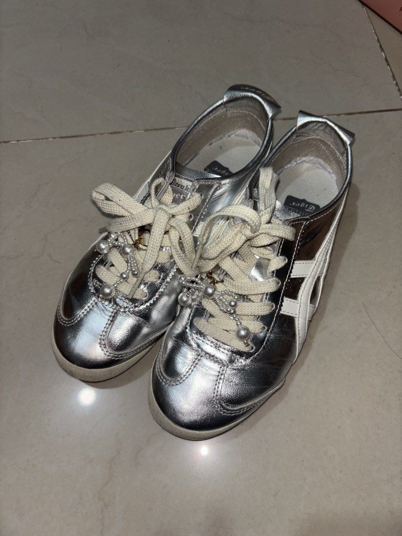 Onitsuka Tiger Mexico 66 Silver Off White (Category: Sneakers) located in Manila. Submitted by declutterwithbeyuh (Listing ID 1446172826, Image 1). Description: - Stylish silver Onitsuka Tiger sneakers - Adorned with charming pearl lace accessories - Ideal for everyday casual wear - Size: 23cm - kasya to size US5.5- 6!! .