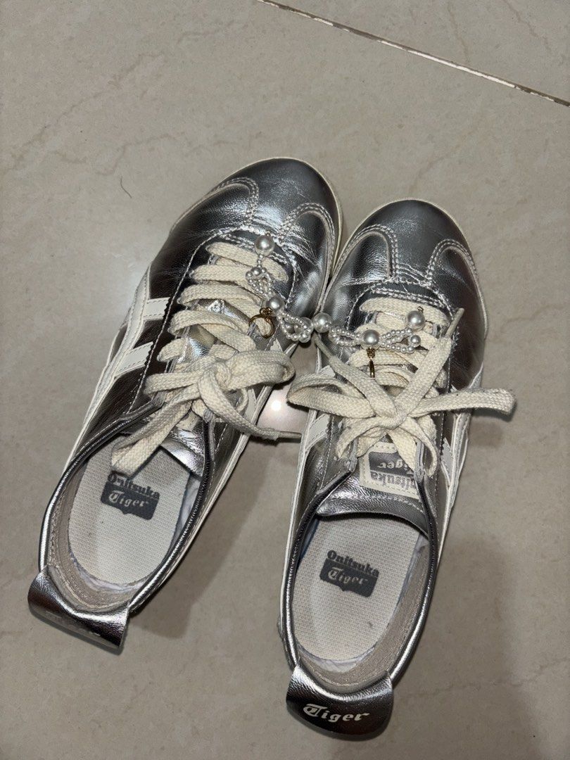 Onitsuka Tiger Mexico 66 Silver Off White (Category: Sneakers) located in Manila. Submitted by declutterwithbeyuh (Listing ID 1446172826, Image 3). Description: - Stylish silver Onitsuka Tiger sneakers - Adorned with charming pearl lace accessories - Ideal for everyday casual wear - Size: 23cm - kasya to size US5.5- 6!! .
