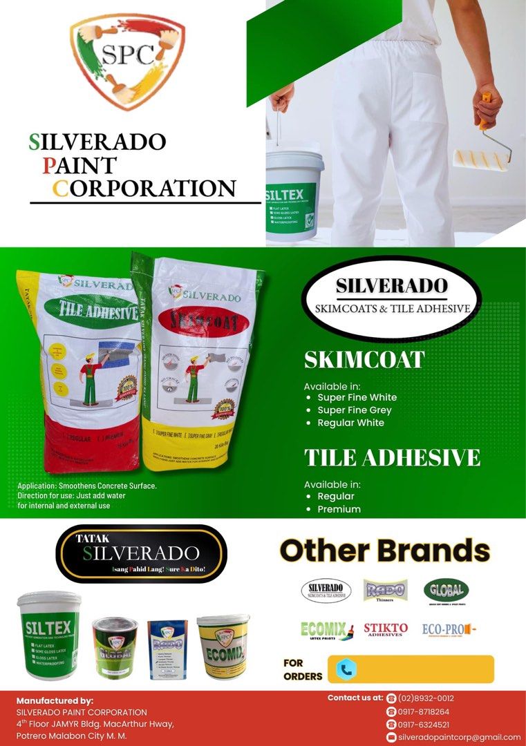 Paint skimcoat thinners epoxy primers tile adhesive (Category: Construction & Building Materials) located in Manila. Submitted by megamixhardware (Listing ID 1446177732, Image 1). Description: We are distributors of hardware items such as paints, skimcoats, tile adhesive, thinners, epoxy, primers , water proofing and other more .