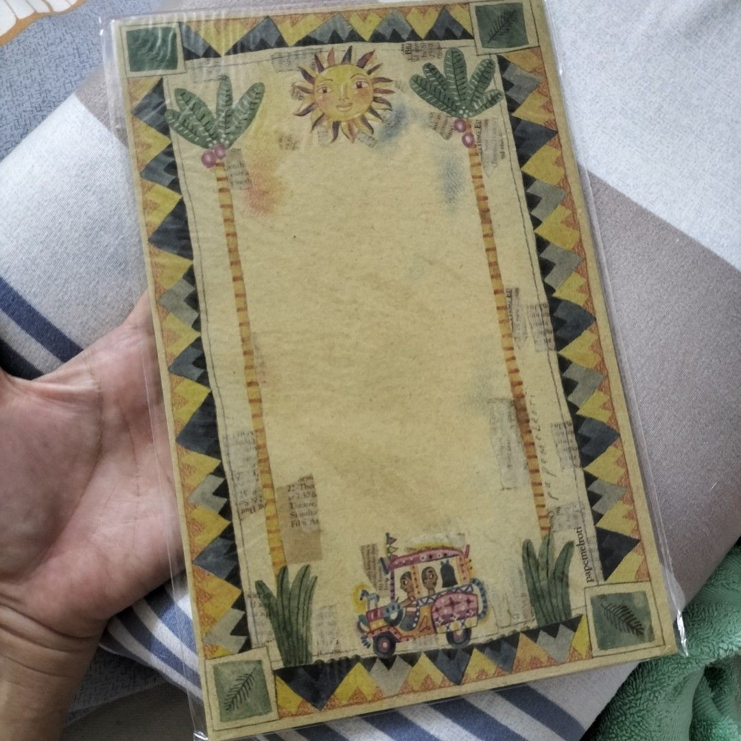 Papemelroti Dream Big Notepad / Letter Pad (Category: Stationery & School Supplies) located in Paranaque City. Submitted by decluttering-all (Listing ID 1446171914, Image 2). Description: - Adorable notepad with a fun, tropical theme. - Features a vibrant design with a sun, palm trees, and a jeepney. - Papemelroti logo and website on the back. - Perfect for taking notes, writing letters, or journaling. - Approximate dimensions: 6x9 inches. - Grea