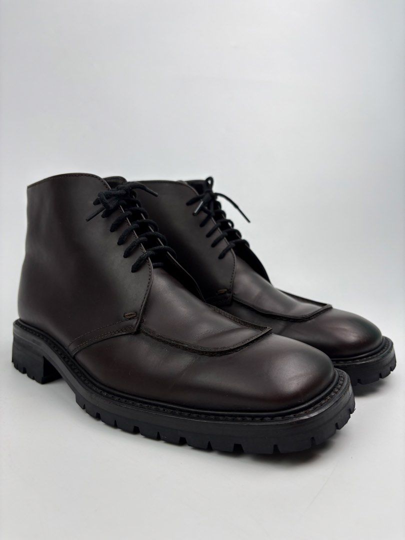 Prada Square Toe Leather Derby Boots (Category: Boots) located in Cavite. Submitted by sc_rcity (Listing ID 1446285816, Image 1). Description: Tagged Size : 9 Men’s | 27cm Insole Authentic Like New Color : Burgundy Minimal sign of wear , Scratches No major flaw Made in Italy No Inclusion Features an apron-toe stitch detail on a smooth leather upper.Built with a chunky, rugged lug outsole for a contemporary look..
