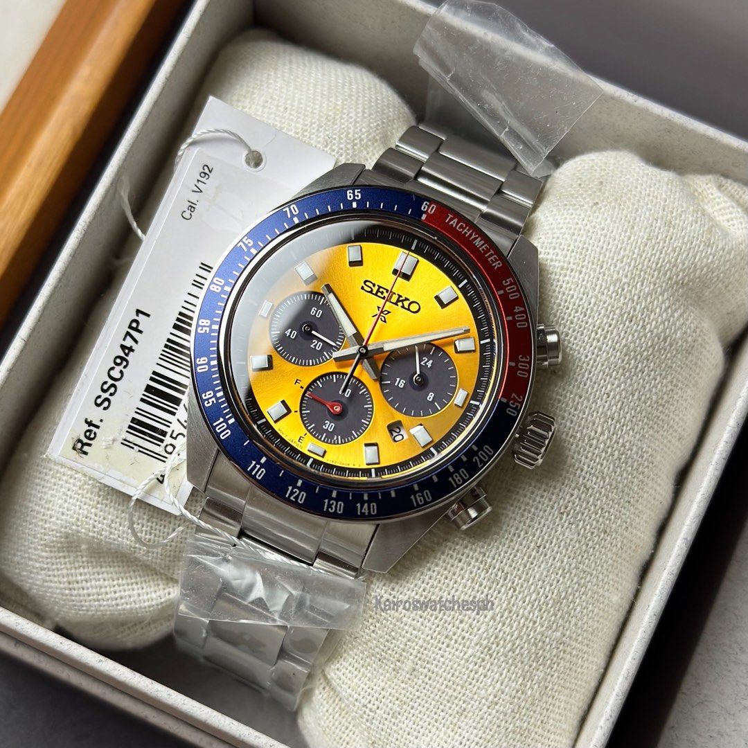 Seiko Prospex Speedtimer “Pogue” SSC947 | SSC947P1 (Category: Men's Watches) located in Mandaluyong City. Submitted by geraaardtorres (Listing ID 1446333957, Image 2). Description: Brand New Seiko Prospex Speedtimer “Pogue” SSC947 | SSC947P1 Inspired by the iconic colorway of the legendary Seiko “Pogue” chronograph, the SSC947 brings the look into the modern Speedtimer collection with a vibrant yellow dial and black sub-dials. (Hodinkee) Specific