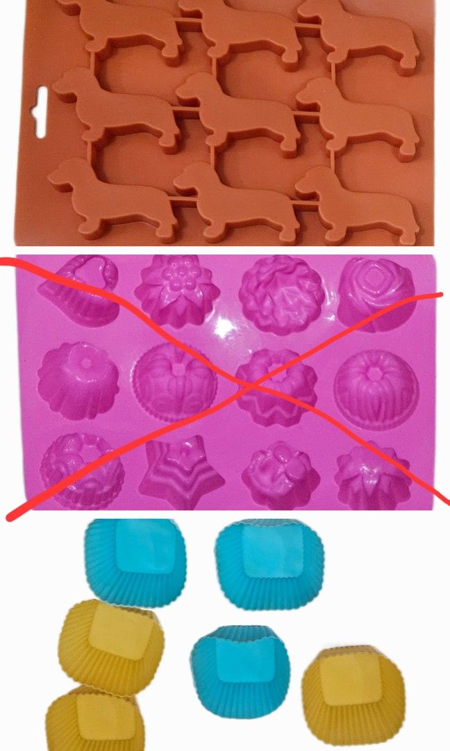 Silicone Baking Molds Set (Category: Bakeware) located in Makati City. Submitted by xzyche (Listing ID 1421124074, Image 1). Description: Set includes silicone molds for baking. There are dachshund dog shapes and various flower and cupcake shapes. Also included are cupcake liners in blue and yellow. Perfect for making treats for any occasion. These molds are flexible and easy to use. The dog and flower molds have been used once. The cupcake liner