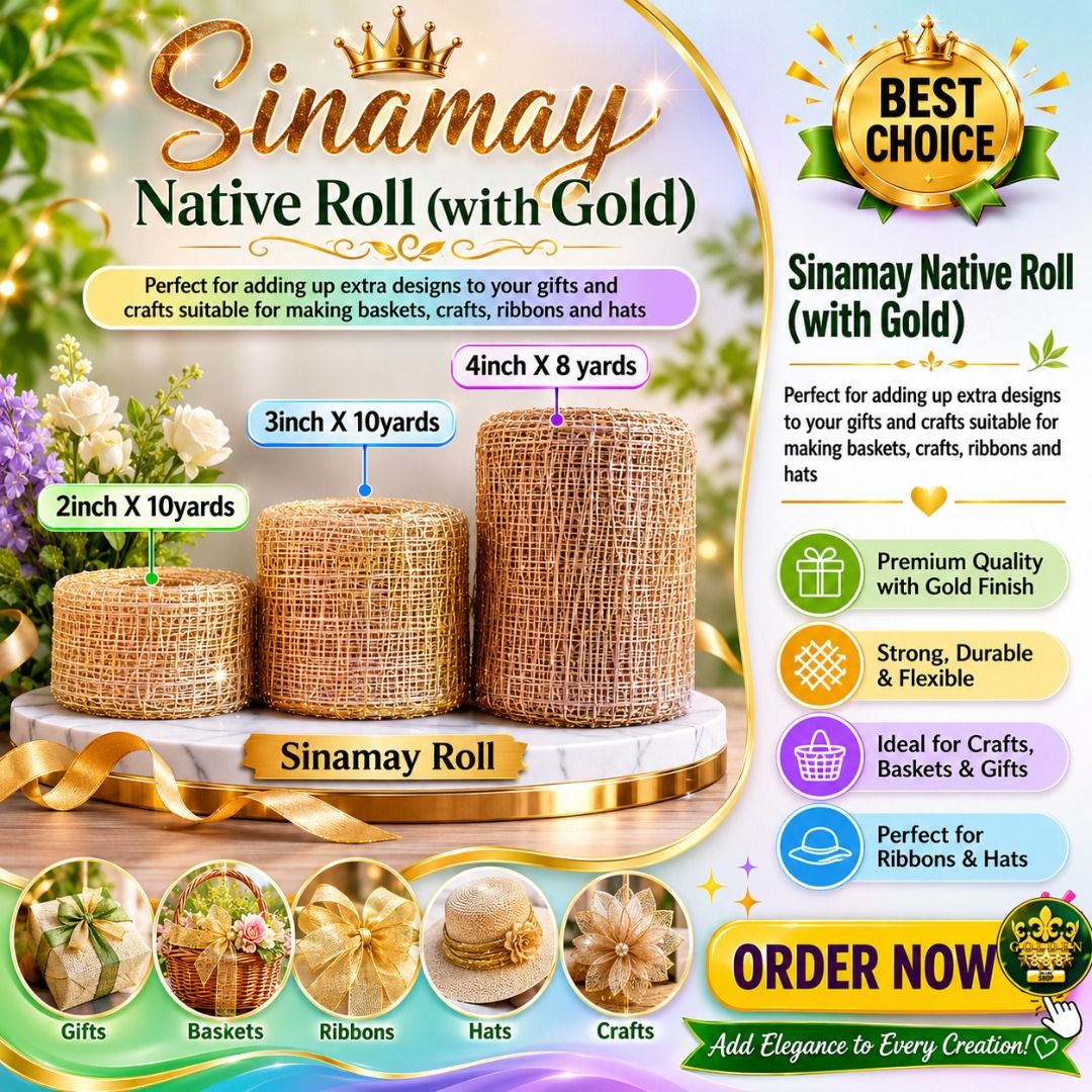 Sinamay Native Roll (with Gold) (Category: Craft Supplies & Tools) located in Manila. Submitted by golden888onlineshop (Listing ID 1382123045, Image 1). Description: Sinamay Native Roll (with Gold) Perfect for adding up extra designs to your gifts and crafts suitable for making baskets, crafts, ribbons and hats Sizes: 2inch X 10yards 3inch X 10yards 4inch X 8 yards Best for:- DIY Crafts- Gifts, Souvenirs, Giveaways- Handicraft #sinamay #abaca #ju