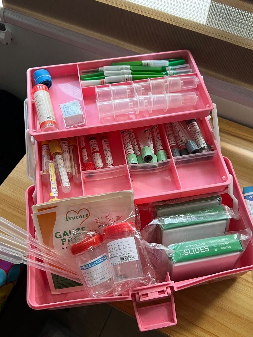 Tackle Box with Assorted Medical Supplies (Category: Medical Supplies & Tools) located in Manila. Submitted by matchalant (Listing ID 1446294723, Image 2). Description: - Pink tool box organizer - Contains medical supplies: syringes, needles, gauze, slides, specimen containers - All items neatly organized in compartments - Some items are still sealed mop: gcash mod: lalamove or meet up Location: Taft.