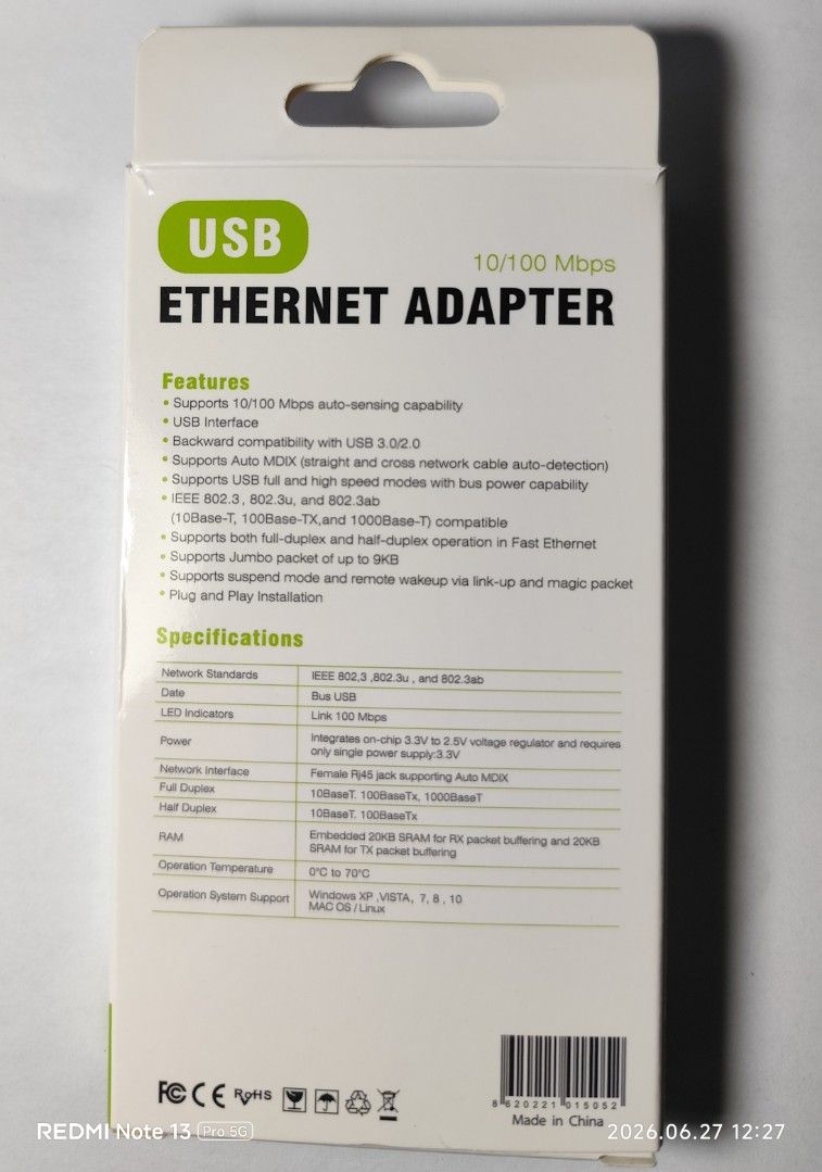 USB Ethernet Adapter 10/100 Mbps493596566021754883