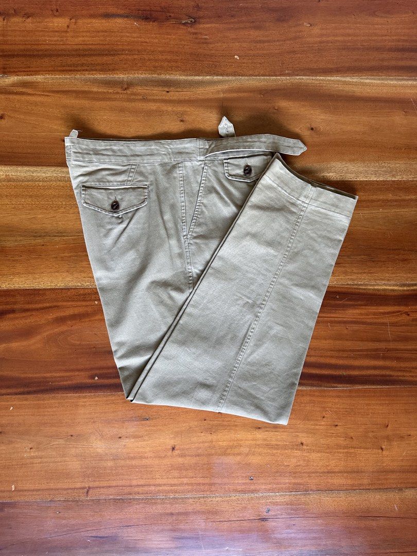 Vintage Camel Gurkha-esque Trousers (Category: Trousers) located in Antipolo. Submitted by JehoTocino (Listing ID 1446231098, Image 1). Description: Found this at a thrift in Seoul, South Korea. Unsure of the provenance of the piece, but has a unique waistband enclosure that emulates a Gurkha and has a button-fly instead of a zip-fly. MEASUREMENTS (in inches): Waist (across) — 16.5 Rise — 11.5 Outseam (total length) — 38.5 Thigh — 12.5 Hem — 7.5.