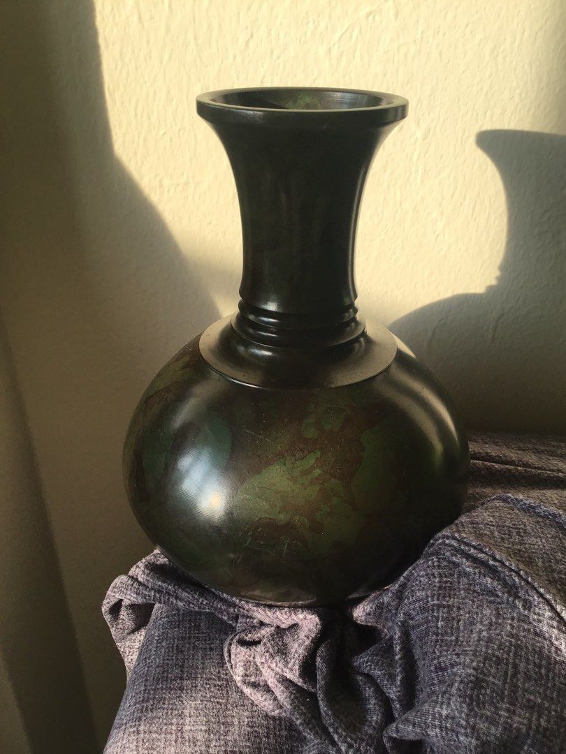 Vintage Japanese Artisan Brass Vase with Bronze & Dark Patina Finish. (Category: Vases & Decorative Bowls) located in Kuala Lumpur. Submitted by gagalamblamb_1974 (Listing ID 1446274842, Image 3). Description: - Measurements: Approximately 8” Height. - Made in Japan. - Material: Brass. - Good used condition with a dent at the Vase’s belly. Refer photos as part of the item’s description. - Item sold as it is..