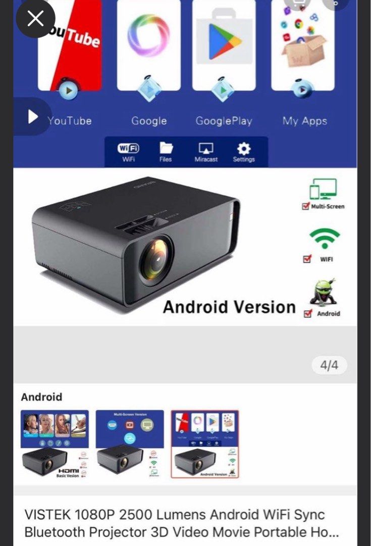VISTEK 1080P Android WiFi Sync Bluetooth Projector (Category: Projectors) located in San Juan, La Union. Submitted by ravs.ravs (Listing ID 1446238924, Image 2). Description: - VISTEK Android Projector - Built-in WiFi & Bluetooth - Supports 1080P Resolution - 2500 Lumens Brightness - Comes with Carrying Case - Includes Tripod - Ideal for Movie Nights & Presentations - Tested and confirmed working -What you see is what you get -with free projector