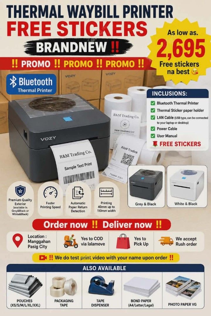 VOZY Bluetooth Thermal Waybill Printer - FREE STICKERS! (Category: Printers, Scanners & Copiers) located in Pasig City. Submitted by mara_0125 (Listing ID 1446218442, Image 1). Description: - Brand New VOZY Thermal Waybill Printer with Bluetooth - Ideal for printing stickers and waybills - Package includes: Printer, holder, LAN cable, power cable, user manual - FREE stickers included with your purchase! - Features fast printing speed - Automatic 
