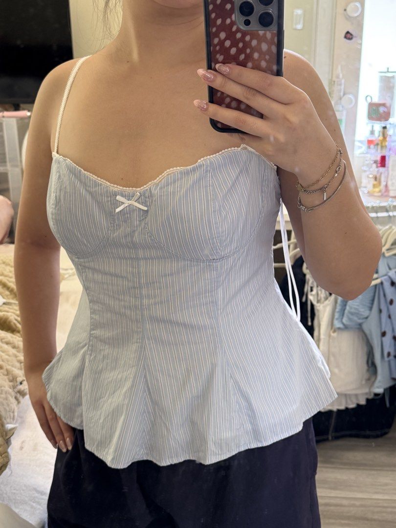 Zara blue white striped peplum top (Category: Sleeveless) located in Bacolor. Submitted by alysaflrs (Listing ID 1446203878, Image 1). Description: ★only worn once!! ★zara ★size L ★fits waist 29-30 .