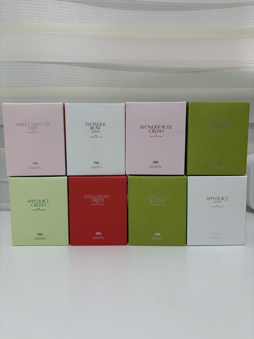 Zara Perfume Collection (Category: Fragrance & Deodorants) located in Cainta. Submitted by chickenmamidoodle (Listing ID 1446306901, Image 1). Description: - Zara Perfume Collection - 90ml bottles - Available Scents: Sweet Matcha Day, Wonder Rose, Applejuice Crush, Applejuice Slimmer, Strawberry Dress below SRP 995 each onhand .
