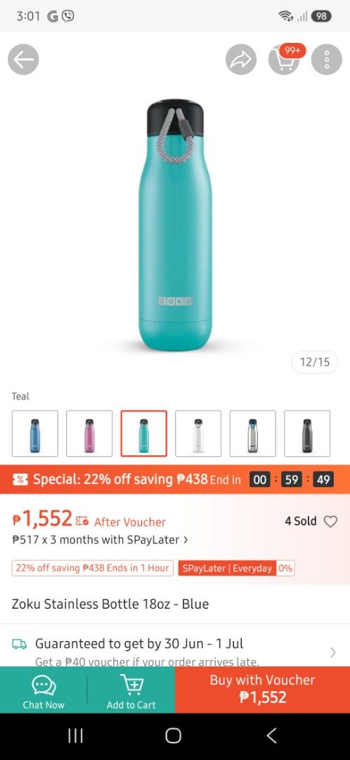 Zoku Stainless Bottle 18oz - Teal (Category: Water Bottles & Tumblers) located in Makati City. Submitted by diannecheryl (Listing ID 1446337707, Image 2). Description: - Zoku Stainless Bottle - 18oz capacity - Stylish Teal color - Keeps drinks hot or cold for hours - Special Offer: 22% OFF!.