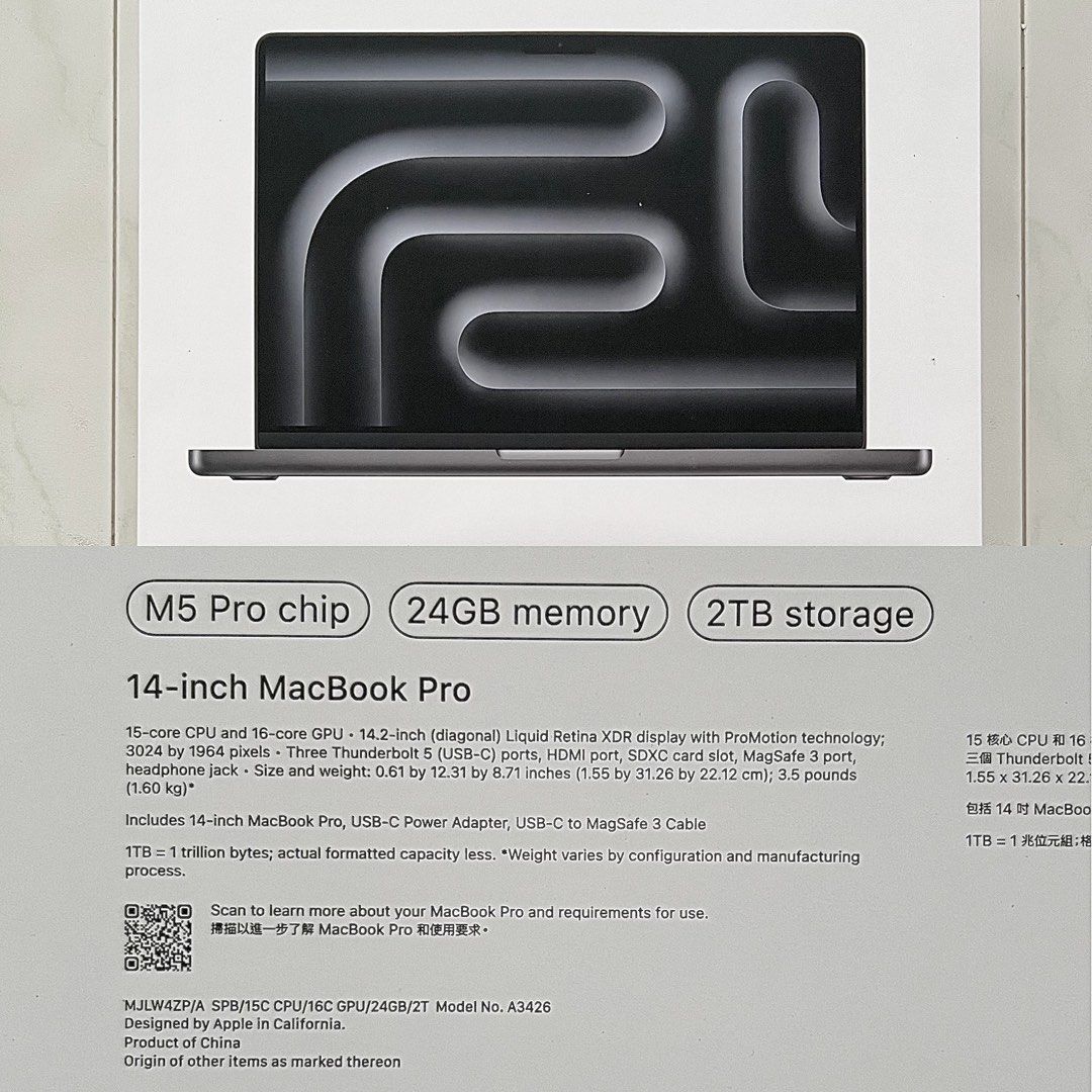 Macbook Pro M5 Pro 14” (15CPU-16GPU)/24GB/2TB Black & Silver