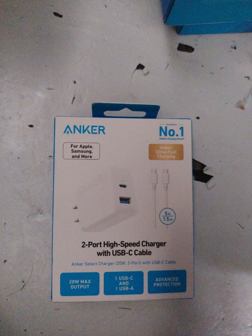 20 watts anker set adaptor and cable (Category: Chargers & Cables) located in Manila. Submitted by lovesagadgets (Listing ID 1446366541, Image 3). Description: Total Maximum Output: 20W Max. Single Port Output: Up to 20W via USB-C or up to 18W via USB-A. Dual Port Output: Drops to 15W Max total (shared as 5V 1.5A per port) when both are in use. Included Accessory: A 5 ft (1.5 m) USB-C to USB-C cable. Safety Features: Equipped with Anker's MultiPr