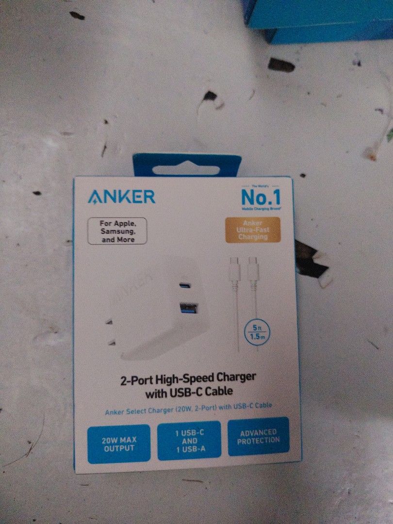 20 watts anker set adaptor and cable (Category: Chargers & Cables) located in Manila. Submitted by lovesagadgets (Listing ID 1446366541, Image 2). Description: Total Maximum Output: 20W Max. Single Port Output: Up to 20W via USB-C or up to 18W via USB-A. Dual Port Output: Drops to 15W Max total (shared as 5V 1.5A per port) when both are in use. Included Accessory: A 5 ft (1.5 m) USB-C to USB-C cable. Safety Features: Equipped with Anker's MultiPr