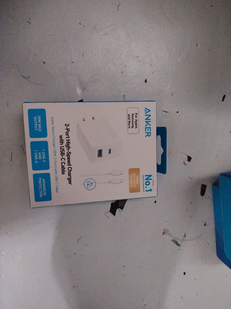 20 watts anker set adaptor and cable (Category: Chargers & Cables) located in Manila. Submitted by lovesagadgets (Listing ID 1446366541, Image 1). Description: Total Maximum Output: 20W Max. Single Port Output: Up to 20W via USB-C or up to 18W via USB-A. Dual Port Output: Drops to 15W Max total (shared as 5V 1.5A per port) when both are in use. Included Accessory: A 5 ft (1.5 m) USB-C to USB-C cable. Safety Features: Equipped with Anker's MultiPr