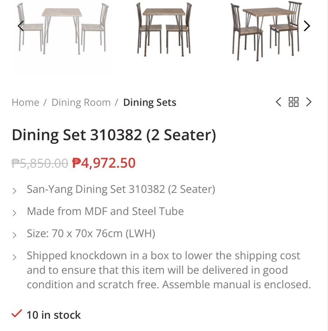 2-Seater Dining Table Set (Category: Tables & Sets) located in Cainta. Submitted by laazzz (Listing ID 1421370623, Image 2). Description: - Square dining table and two chairs included. - Wood-like finish on table and chair seats. - Durable metal frames. - Chairs feature a comfortable curved back design. - Ideal for small apartments or cozy dining areas..