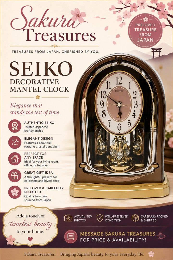 ✨ Seiko Decorative Mantel Clock ✨ (Category: Clocks) located in Binan City. Submitted by sakuratreasuresph (Listing ID 1446434796, Image 1). Description: ✨ Seiko Decorative Mantel Clock ✨ Add a touch of sophistication to your space with this Preloved Seiko Decorative Mantel Clock from Japan. 🇯🇵🕰️ 🌸 Authentic Seiko craftsmanship 🕰️ Elegant design with a rotating crystal pendulum ✨ Beautiful accent for your living room, office, or bedroom 💖 P