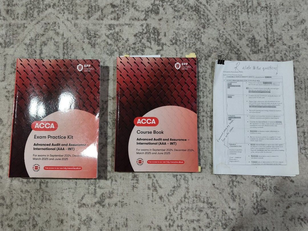 ACCA AAA BPP (Category: Textbooks) located in Kuala Lumpur. Submitted by pokoko24 (Listing ID 1446499133, Image 1). Description: Selling ACCA 2025 Advanced Audit and Assurance (AAA-INT) study materials. Includes the Exam Practice Kit, Course Book and Substantive Procedures notes..