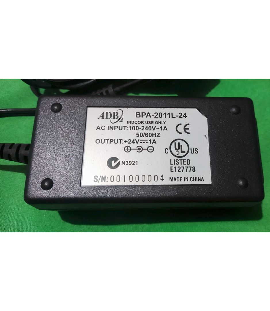 ADB BPA-2011L-24 AC Adapter 24V 1A (Category: Electrical, Adaptors & Sockets) located in Binan City. Submitted by enrivo (Listing ID 1446367956, Image 2). Description: - ADB Power Adapter - Model: BPA-2011L-24 - Input: 100-240V~50/60Hz 1A - Output: +24V === 1A - Suitable for indoor use\ - Connector: Center-positive - S/N: 001000004.