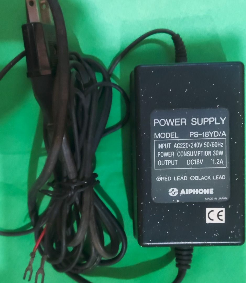 Aiphone PS-18YD/A Power Supply 18VDC 1.2A (Category: Cables & Adaptors) located in Binan City. Submitted by enrivo (Listing ID 1446366447, Image 1). Description: - AIPHONE Power Supply - Model: PS-18YD/A - Output: 18V DC, 1.2A - Input: AC 220-240V - Power Consumption: 30W - Includes red and black leads - Made in Japan.