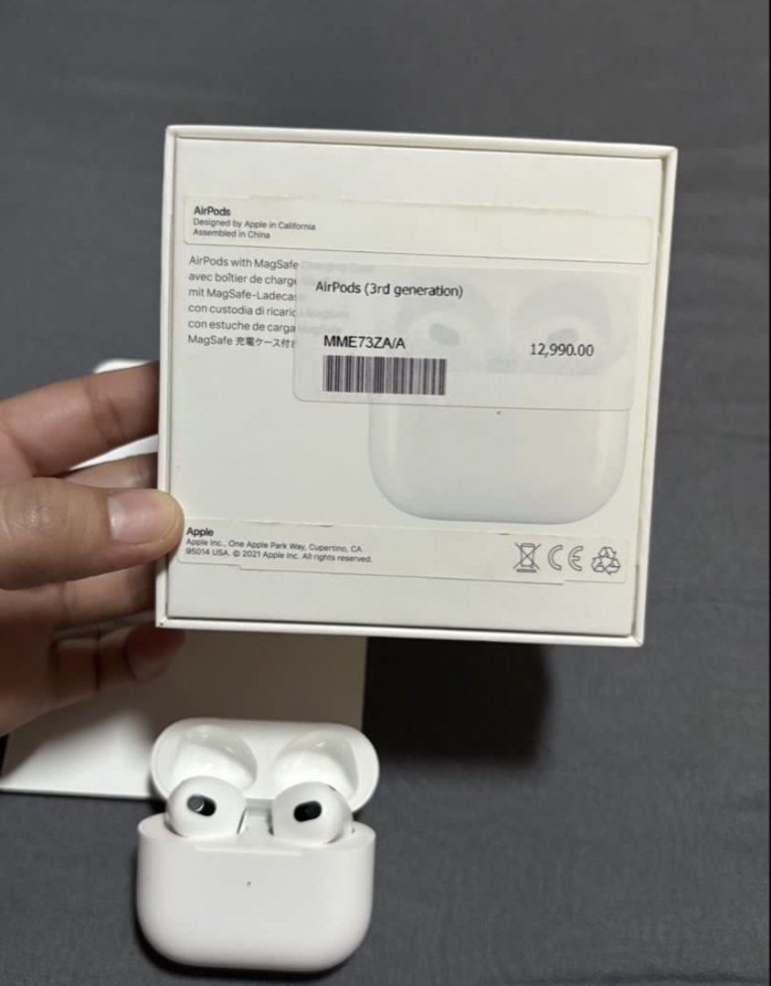 Airpods 3rd gen (Category: Earphones) located in Marikina City. Submitted by impulsivebuyershop (Listing ID 1446429872, Image 2). Description: Apple AirPods 3rd Gen with MagSafe Charging Case • Left AirPod not producing sound, but Bluetooth detects it and battery % shows • Right AirPod and MagSafe case work perfectly • Sold as-is at a low price - no complaints, returns, or refunds • Buyer may troubleshoot or replace left AirPod • 100% authentic (