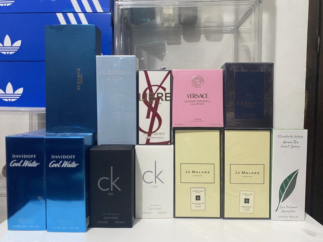 Assorted Designer Perfumes - Versace, Jo Malone, Davidoff, YSL (Category: Fragrance & Deodorants) located in Manila. Submitted by jusstoys.phil (Listing ID 1446434202, Image 1). Description: - Full-sized perfume bottles available. - Includes popular brands and scents: Versace Dylan Blue, Versace Bright Crystal, Jo Malone London, Davidoff Cool Water, Yves Saint Laurent Libre, Calvin Klein CK One, and Calvin Klein CK Be. - Wide variety to suit any 
