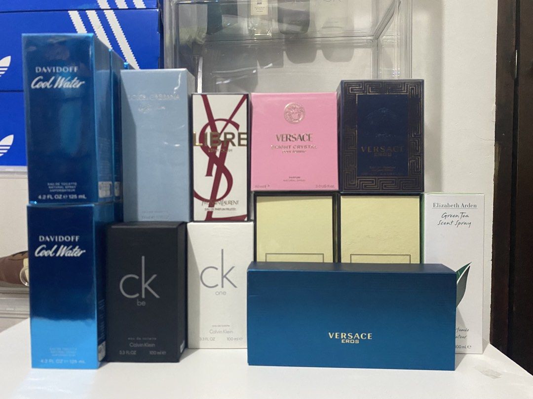 Assorted Designer Perfumes - Versace, Jo Malone, Davidoff, YSL (Category: Fragrance & Deodorants) located in Manila. Submitted by jusstoys.phil (Listing ID 1446434202, Image 2). Description: - Full-sized perfume bottles available. - Includes popular brands and scents: Versace Dylan Blue, Versace Bright Crystal, Jo Malone London, Davidoff Cool Water, Yves Saint Laurent Libre, Calvin Klein CK One, and Calvin Klein CK Be. - Wide variety to suit any 