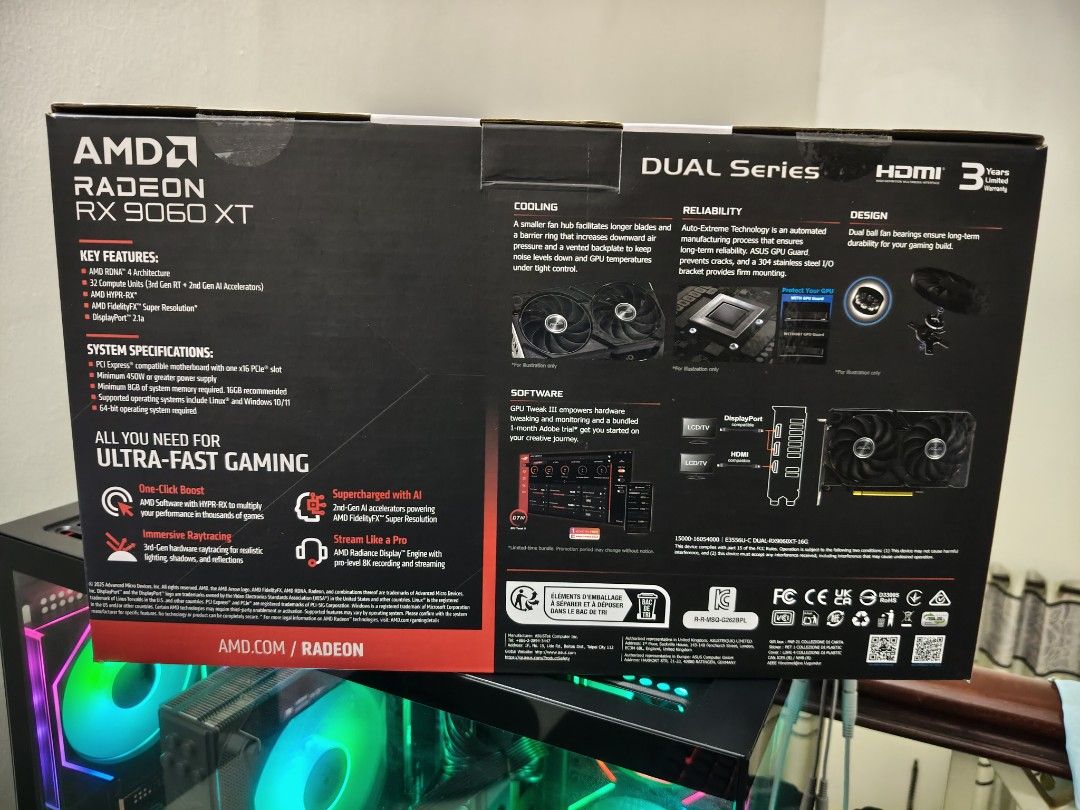 Asus Dual RX9060XT 16GB (Category: Computer Parts) located in Pasir Gudang. Submitted by raficdm10 (Listing ID 1446376083, Image 2). Description: Asus Dual RX9060XT 16GB Beli pada 22/2/2026 Jual sbb upgrade Waranty 3 years Harga 1790 Berminat cpt2 pm.