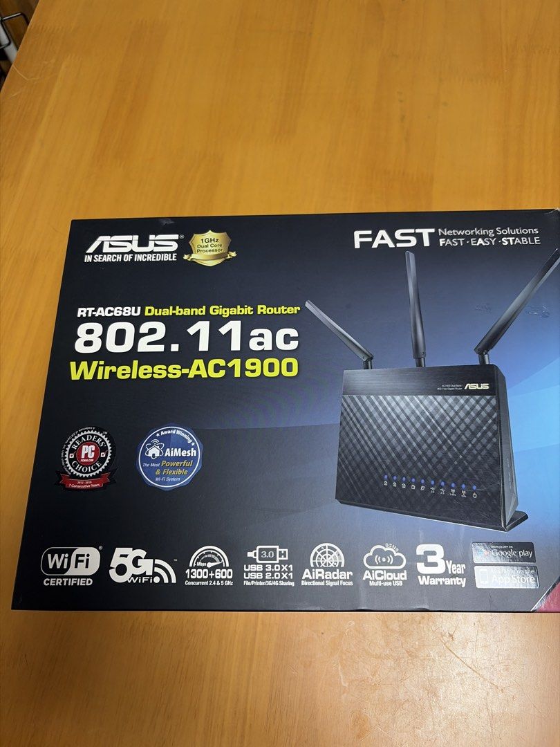 ASUS RT-AC68U AC1900 無線路由器 （分類：Wifi及上網相關產品）位於 Hong Kong。 由 fungor_wtf 提交（商品編號 1446380537，圖片 1）。簡介： ASUS RT-AC68U 雙頻 Gigabit 無線路由器，AC1900 速度。支援 WiFi 5 和 5G WiFi。有 AiMesh 功能，可以擴展網絡。USB 3.0 和 USB 2.0 接口 有2隻，全要180。