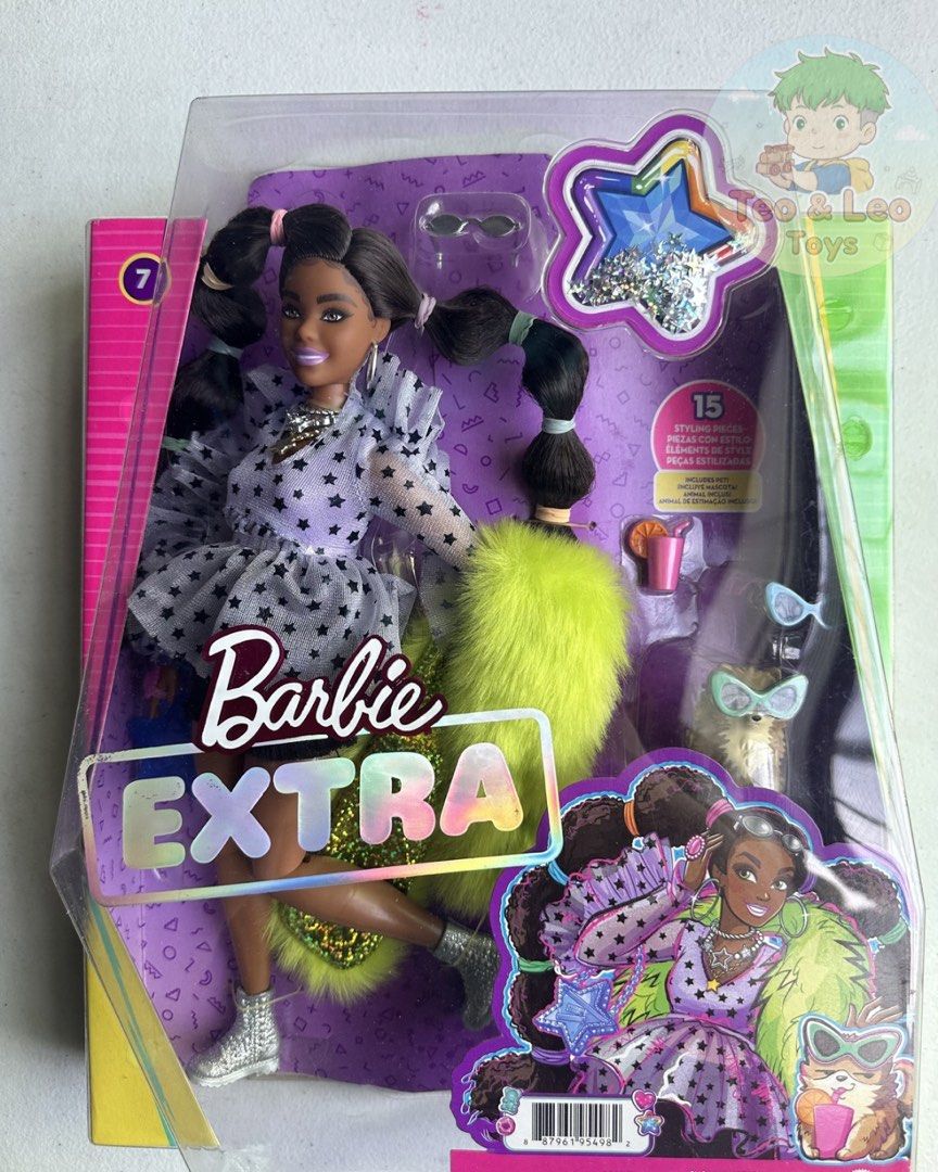 Barbie Extra Doll #7 with Styling Pieces (Category: Kids Toys) located in Quezon City. Submitted by tandltoys (Listing ID 1446532049, Image 2). Description: NRFB Barbie Extra doll, # 7. Comes with 15 styling pieces and accessories. Doll has dark skin and black hair in pigtails. She wears a star-print dress and silver boots. Includes a fluffy neon green boa and a small dog. Box is not in good condition as pictures so manage your expectation, but d