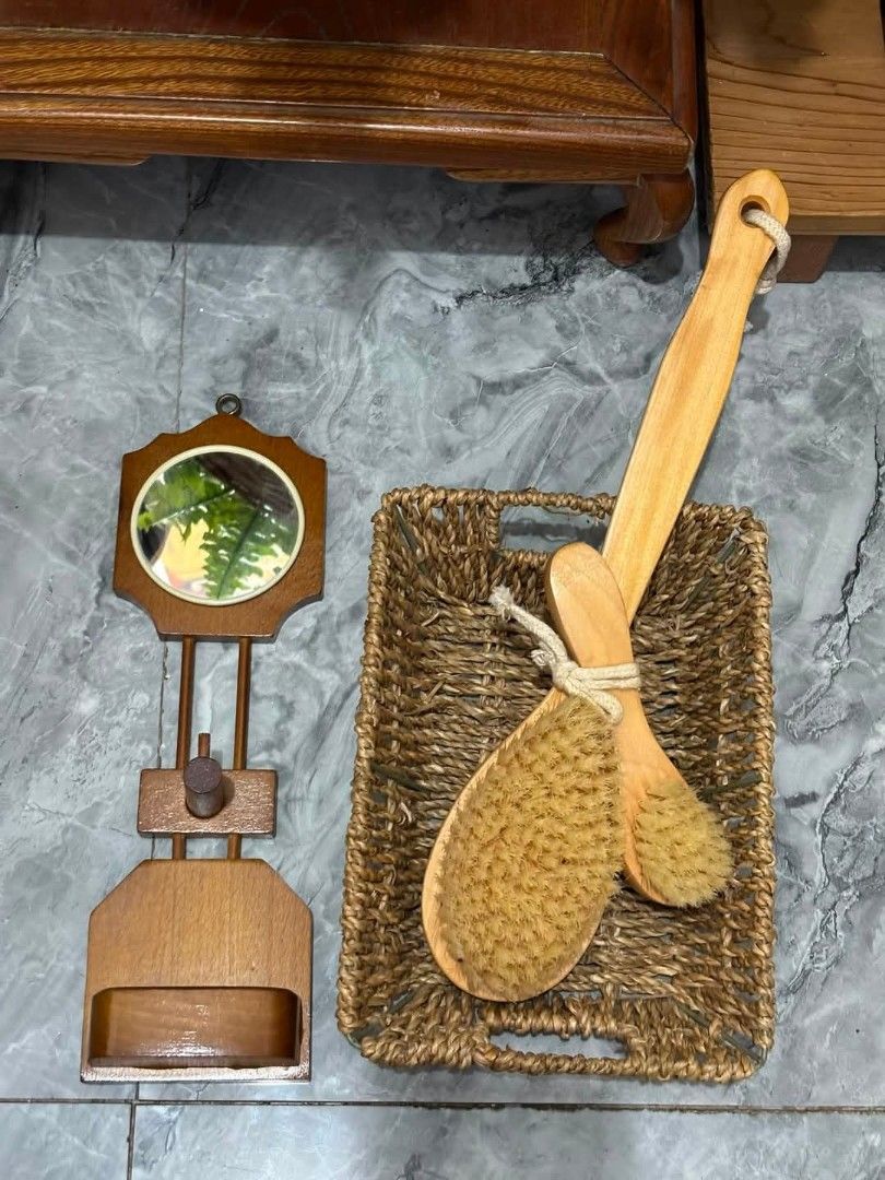 Bathroom set of 4 (Japan items) (Category: Makeup) located in Cavite. Submitted by l1ttlelulu (Listing ID 1446497435, Image 1). Description: - Set includes two wooden bath brushes (one large, one small). - Comes with a rectangular woven basket. - Natural wood finish on brushes. - Basket is a neutral tan color. - Perfect for bathroom organization or spa display..