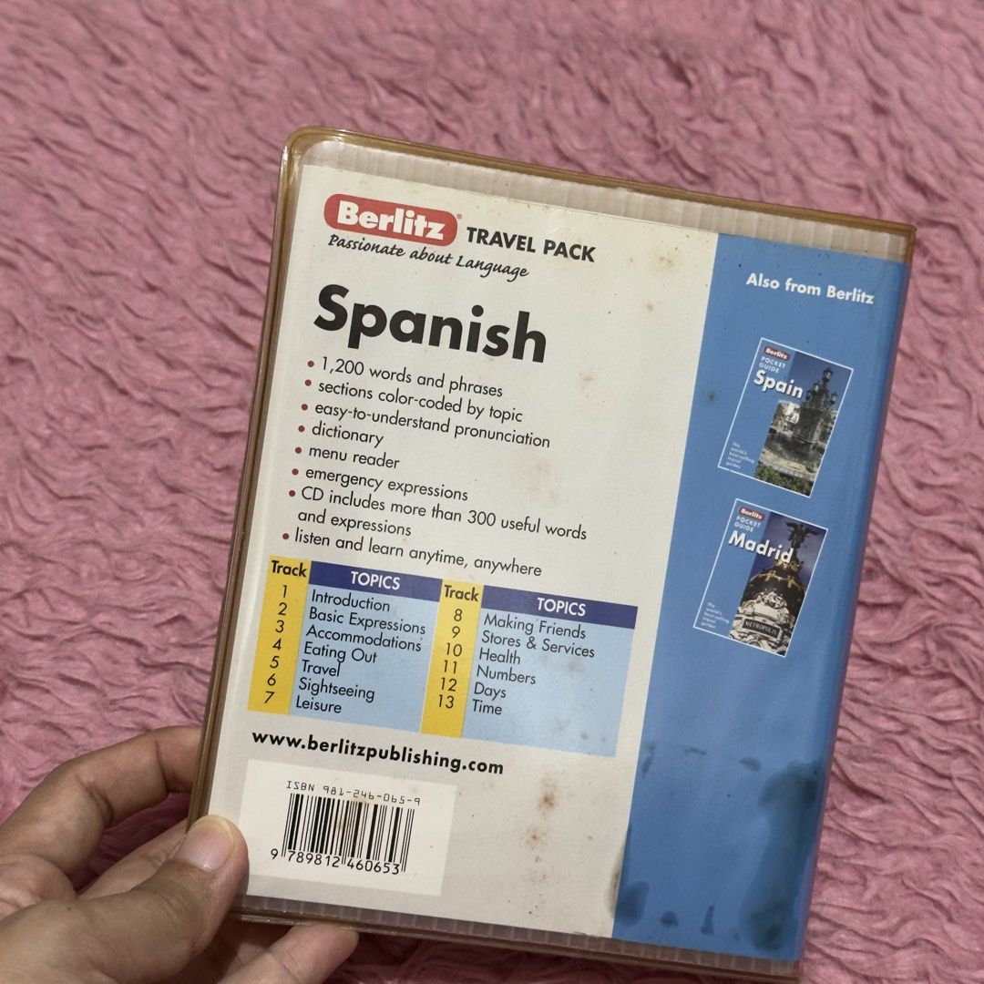 Berlitz Spanish Travel Pack CD Edition Phrase Book & Dictionary (Category: Textbooks) located in Las Pinas. Submitted by thestylecapital (Listing ID 1446359840, Image 2). Description: - Berlitz Travel Pack for learning Spanish - Includes 224-page phrase book and dictionary - Comes with an audio CD with 13 tracks - Covers over 1,200 words and phrases - Features pronunciation guides and emergency expressions - Ideal for travelers wanting to learn b