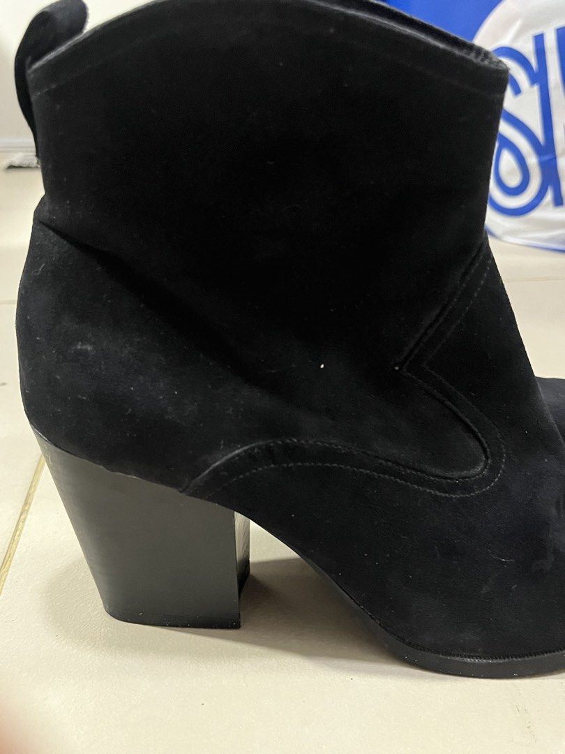Black Suede Ankle Boots with Block Heel (Category: Boots) located in Pasay City. Submitted by losient (Listing ID 1446396630, Image 2). Description: - Black suede ankle boots - Size 40 - Pointed toe - Block heel - Side zip closure for easy wear - Versatile for dressing up or down.
