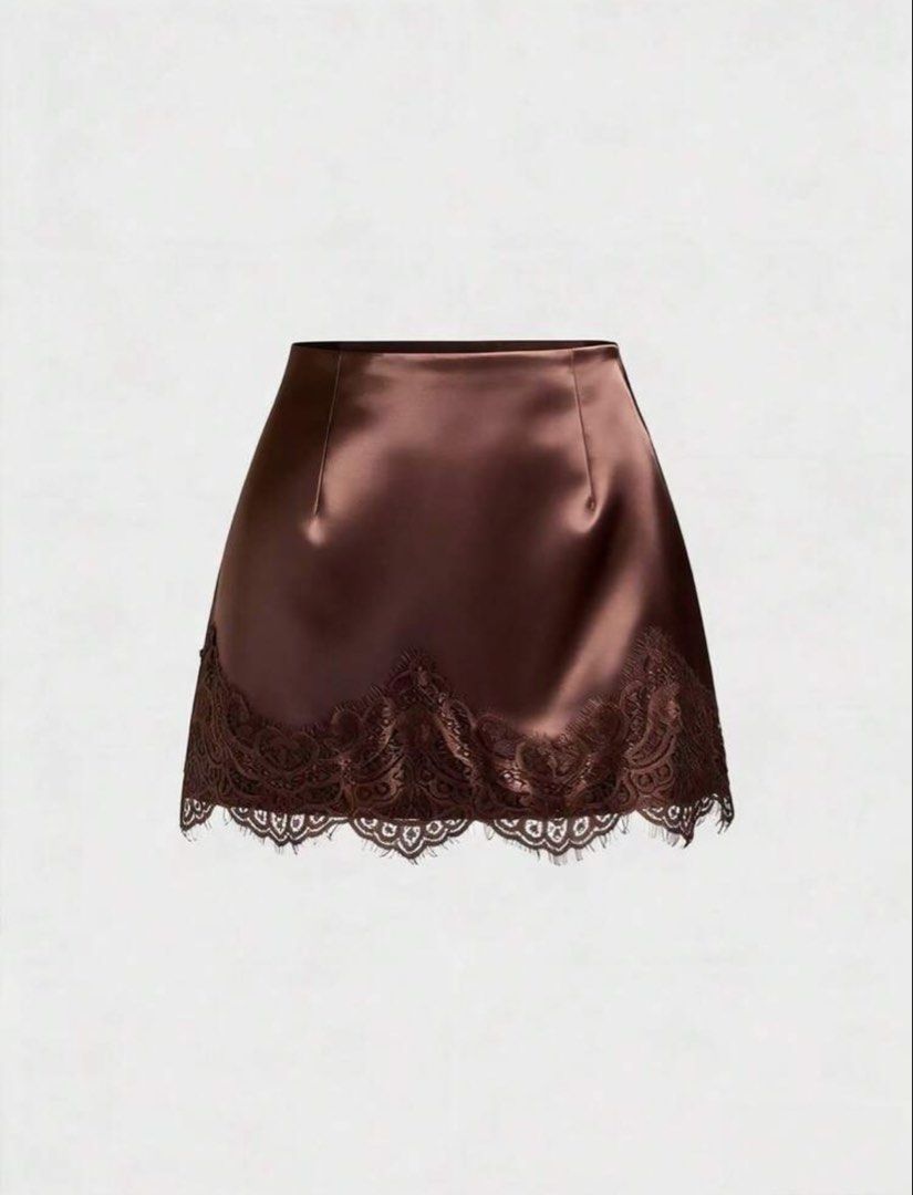 Brown Satin Lace Trim Mini Skirt (Category: Skirts) located in Manila. Submitted by aishcz (Listing ID 1446346845, Image 1). Description: - Super cute brown satin mini skirt - Delicate lace trim along the hem - Ideal for nights out or special occasions Used once, paired w my other listing. Rfs. Declutter..