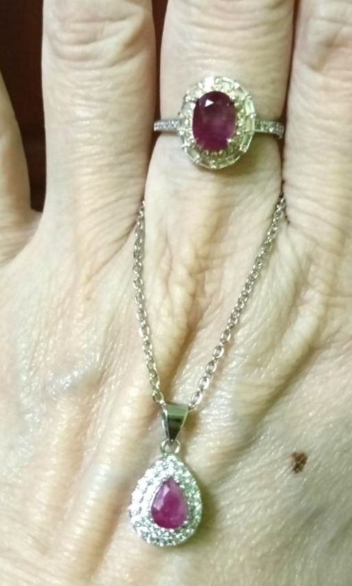 Certified Natural Ruby Set|Teardrop + oval |Diamond Halo S925|July Birthstone (Category: Necklaces) located in Kuala Lumpur. Submitted by grace951126e (Listing ID 1446521312, Image 2). Description: Real Ruby. Real Certificate. Real Sparkle ✨ **Certificate Details:** Conclusion: Natural Ruby Color: Red Weight: 2.12 grams total Metal: S925 Sterling Silver Certificate No: 16210932704 - Verifiable online **The Set Includes:** 1. **Ring**: Oval-cut ru