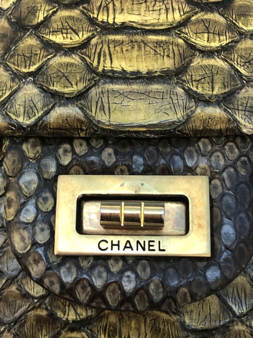 Chanel Limited Gold Python 226 Classic Reissue 2.55 Flap Bag - Jumbo (Category: Luxury Bags & Wallets) located in Quezon City. Submitted by mamaloveaminah (Listing ID 1446495506, Image 3). Description: - Chanel Limited Gold Python 226 Classic Reissue 2.55 Flap Bag - Jumbo - Dimensions (W × H × D) : 28 × 18 × 8 cm - Leather: Metallic Gold Python (Exotic) - Size 226 - Jumbo - Serial: 15531178 - Collection/Series: 15 - Production year: 2011 - "CHANE