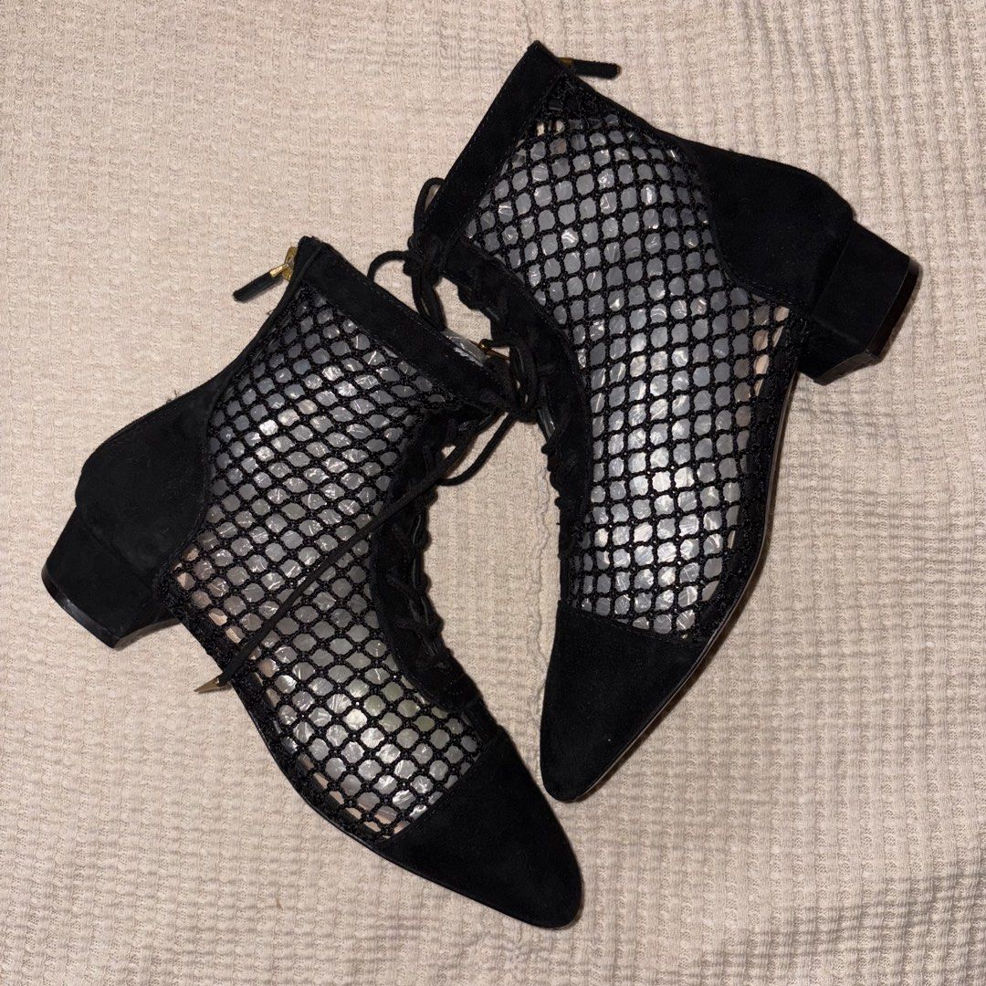 Christian Dior Black Naughtily-D Ankle Boots (Category: Boots) located in Paranaque City. Submitted by angrycar (Listing ID 1446535341, Image 2). Description: 📌 Item Name: Christian Dior Black Naughtily-D Ankle Boots 📌 Description: Stunning pair of Christian Dior Naughtily-D ankle boots, characterized by their unique black mesh fishnet upper and black suede cap-toe design. These boots feature a lace-up front with gold-tone accents, a functional