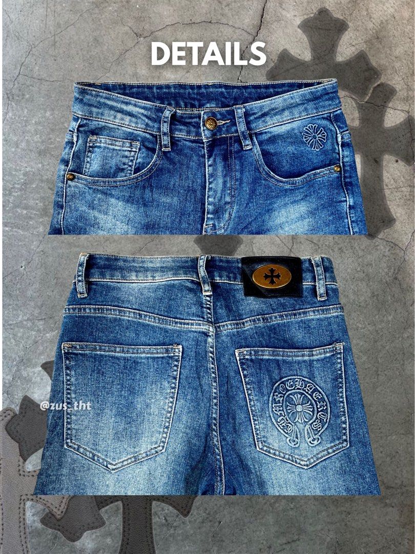 Chrome Hearts Denim Jeans (Category: Jeans) located in Makati City. Submitted by zus_tht (Listing ID 1446387091, Image 3). Description: - Blue wash denim jeans - Iconic Chrome Hearts logo on back pocket - Smaller Chrome Hearts logo on front coin pocket - Leather patch at back waistband - Classic five-pocket styling - Button and zip fly closure SIZE: 28 on tag BOOTLEG.