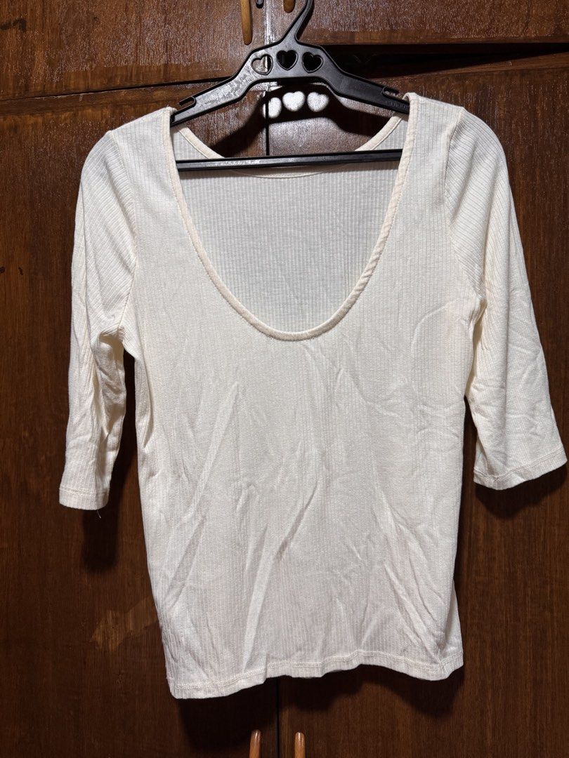 Cream Ribbed 3/4 Sleeve Top (Category: Blouses) located in Quezon City. Submitted by KK_declutterluxx (Listing ID 1446444512, Image 2). Description: - Cream colored top - Ribbed texture - 3/4 length sleeves - low back - Simple and versatile - Great for layering or wearing on its own - stretch - best fir medium to large frame lng Sf c/o buyer.