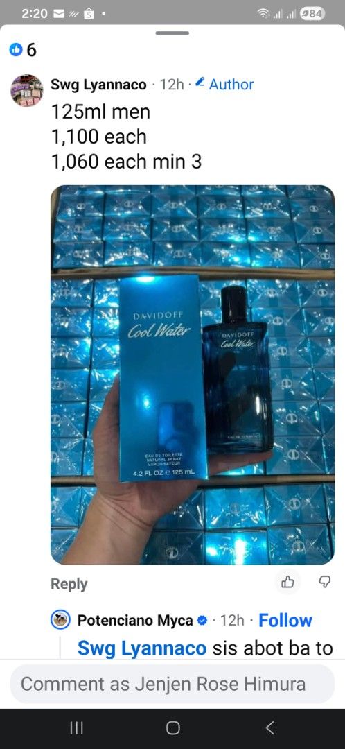 Davidoff Cool Water 125ml Men's Perfume (Category: Fragrance & Deodorants) located in Imus. Submitted by jen.rillo (Listing ID 1446361876, Image 1). Description: - Authentic Davidoff Cool Water for Men - Size: 125ml - Price: P1,100 per bottle - Special Offer: P1,060 each when you buy 3 or more bottles.