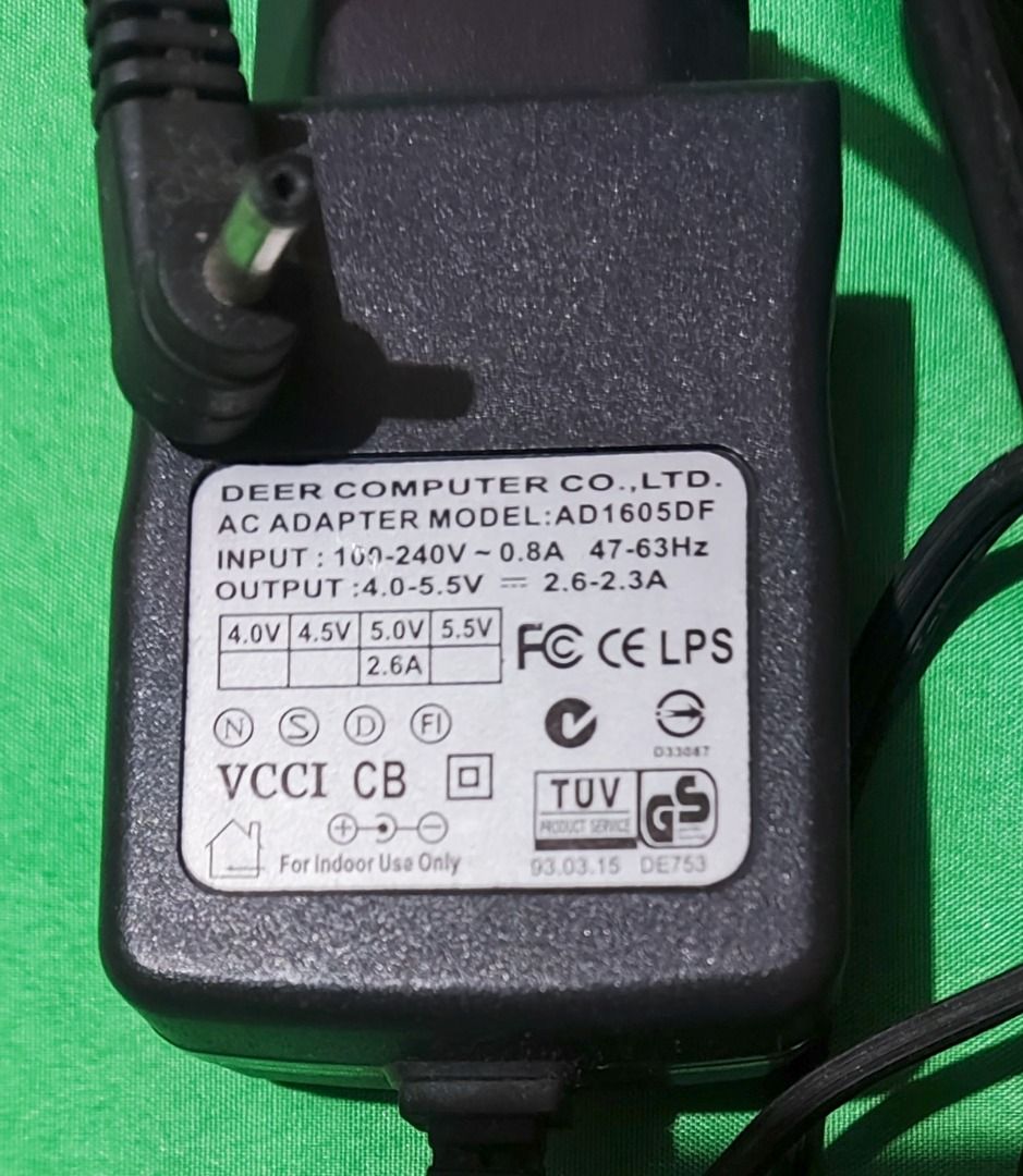 DEER COMPUTER CO., LTD. AD1605DF AC Adapter (Category: Cables & Adaptors) located in Binan City. Submitted by enrivo (Listing ID 1446369177, Image 2). Description: - DEER Computer Co., Ltd. AC Adapter - Model: AD1605DF - Input: 100-240V~47-63Hz 0.8A - Adjustable Output: 4.0V, 4.5V, 5.0V, 5.5V -- 2.6-2.3A - For Indoor Use Only - Please verify your device's power requirements before purchase..